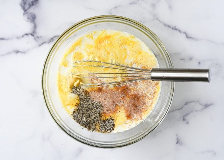 Whisk in a bowl with eggs and seasonings.