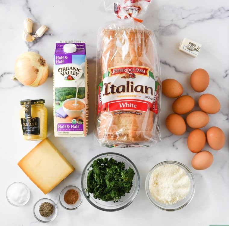 ingredients for spinach and cheese strata