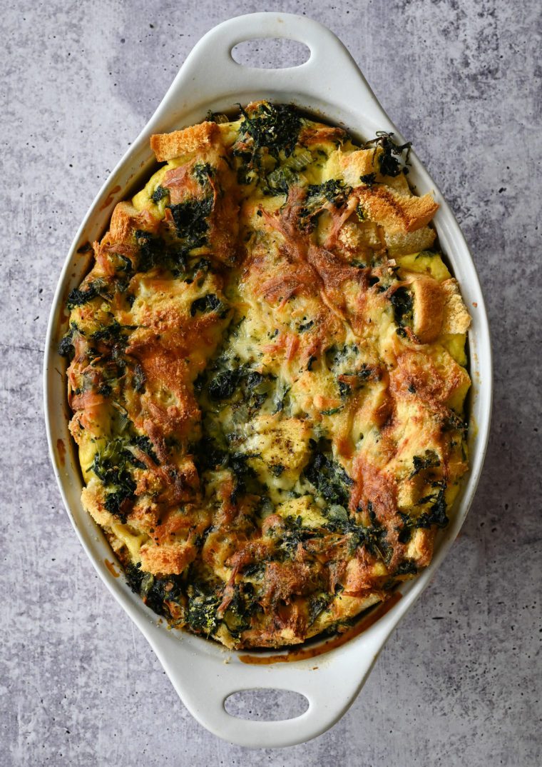 Strata in a baking dish.
