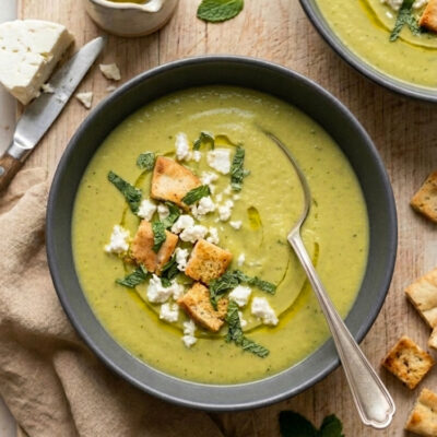 Bowls of pea and asparagus soup on wooden board with feta, mint, and pita croutons.