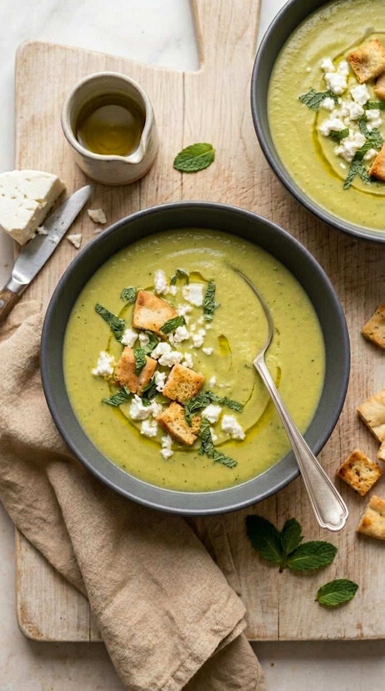 Bowls of pea and asparagus soup on wooden board with feta, mint, and pita croutons.