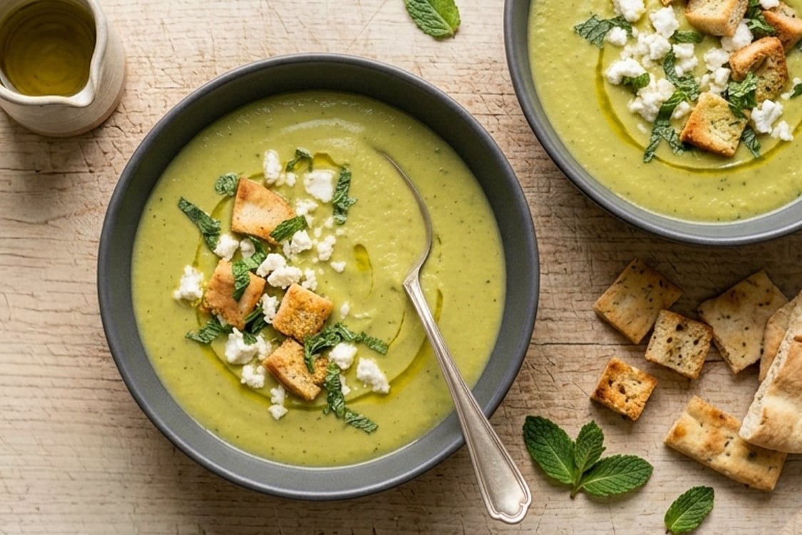 Pea and asparagus soup in bowls on wooden board.
