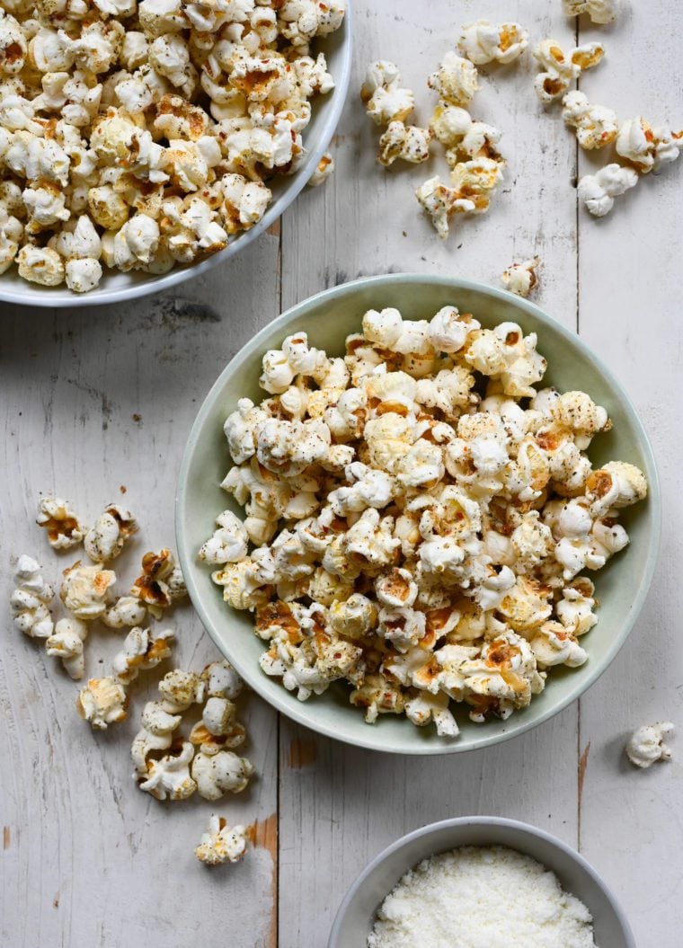 Bowls of spicy Italian popcorn.