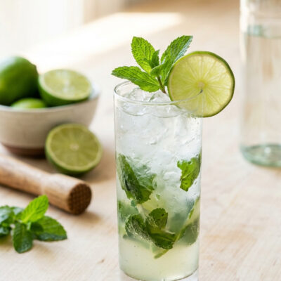 Mojito cocktail on wooden table with rum, mint, and limes