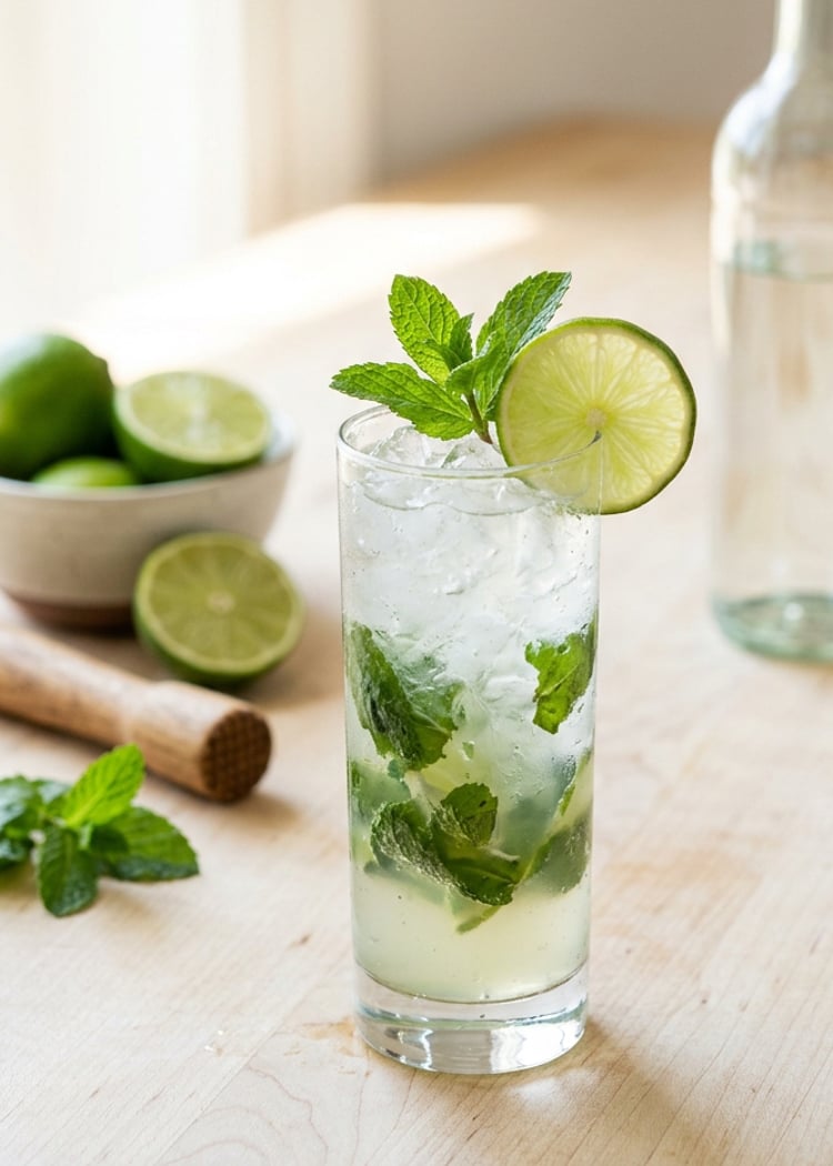 Mojito cocktail on wooden table with rum, mint, and limes