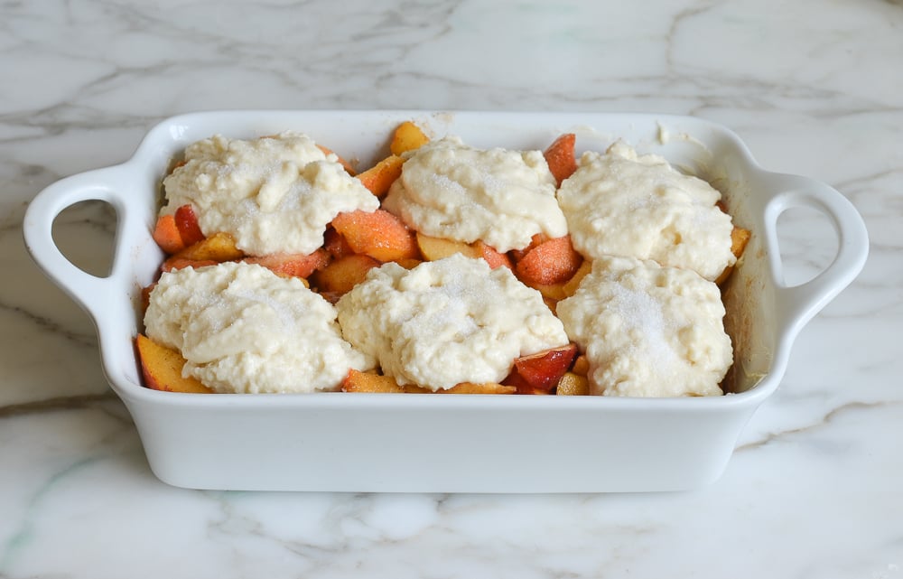 peach cobbler ready to bake