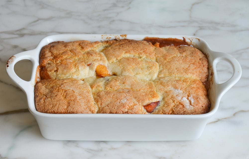 peach cobbler fresh out of the oven