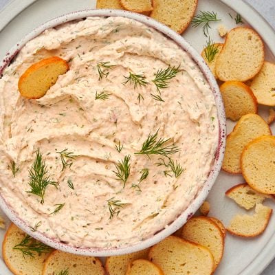 smoked salmon dip on platter with bagel chips