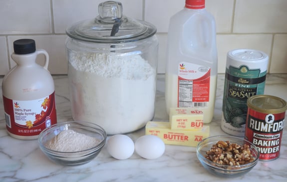 Muffin ingredients including butter, eggs, and milk.