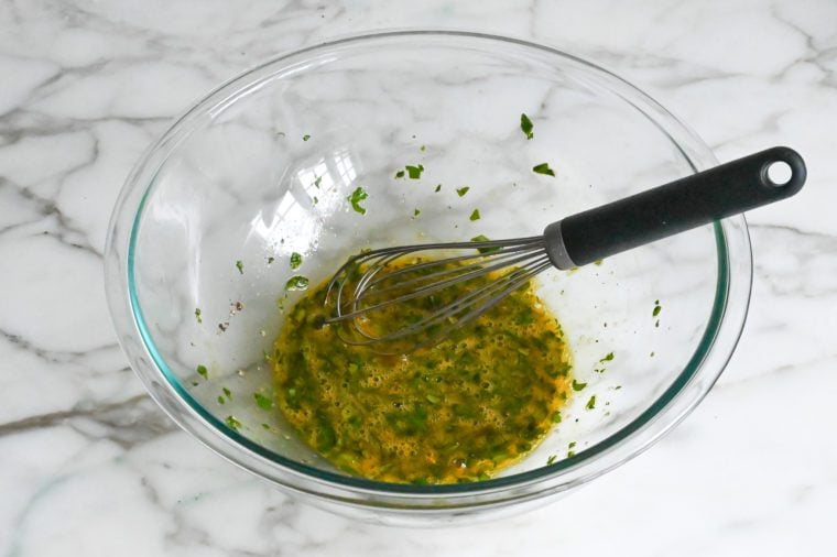 whisked egg mixture in bowl