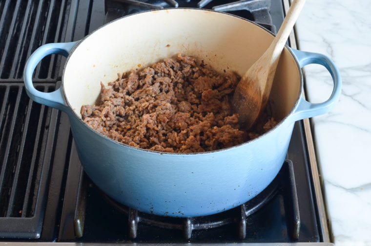 Pan of browned sausage.