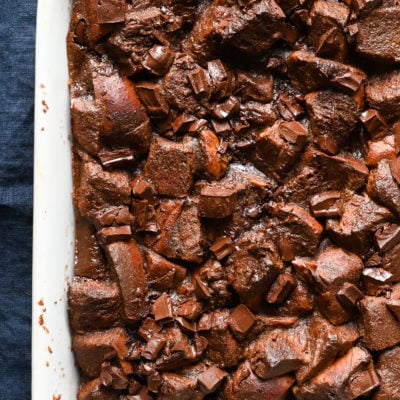 Chocolate bread pudding in a baking dish.