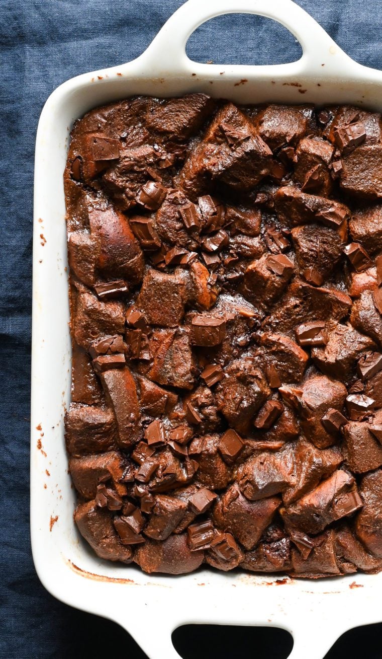 Chocolate bread pudding in a baking dish.