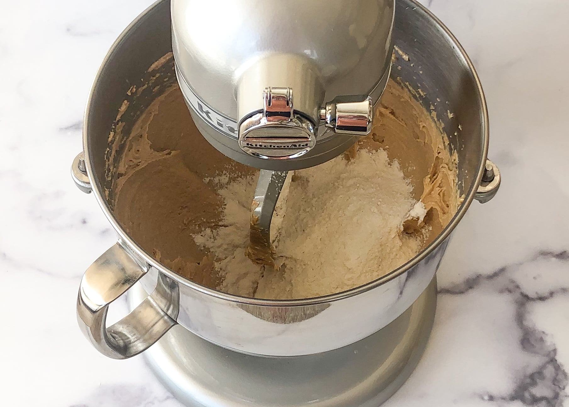 Flour and dry ingredients added to the stand mixer.