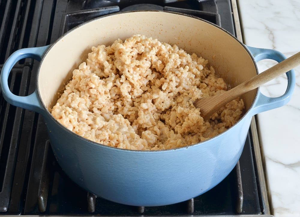 rice krispies mixed with marshmallow mixture.