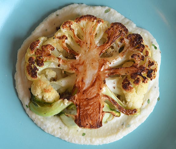 Cauliflower steak over cauliflower puree.