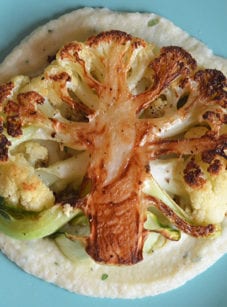 Cauliflower steak on cauliflower puree.