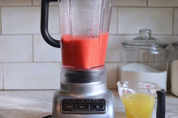 Blender of pureed raspberries.