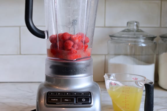 Raspberries in a blender.