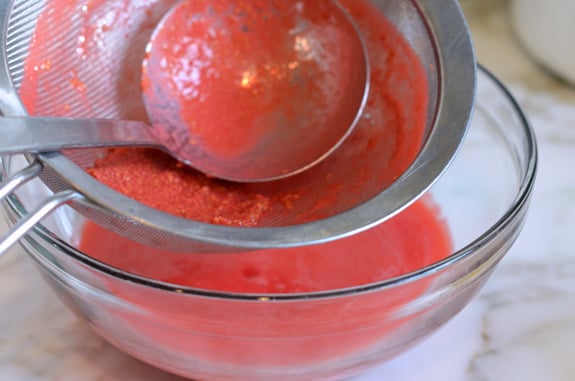 Soup ladle in a sieve of raspberry seeds.