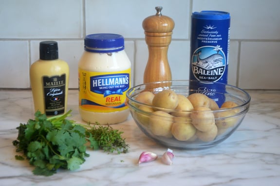 Potato ingredients including mayonnaise, Dijon mustard, and sea salt.