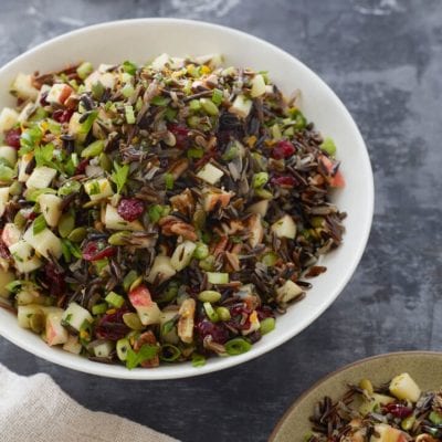 wild rice salad in white bowl