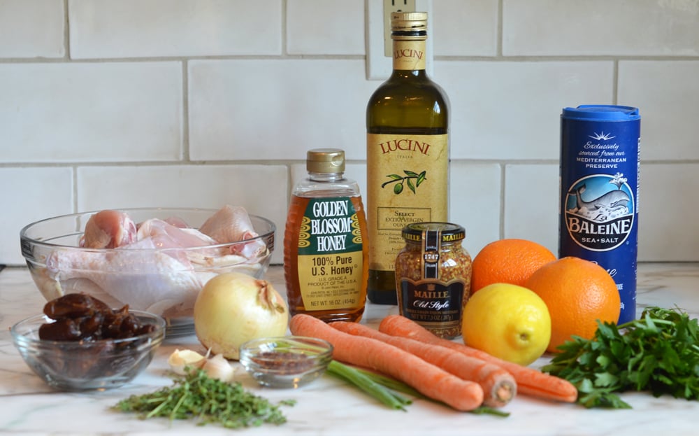 Chicken ingredients including honey, lemon, and onion.