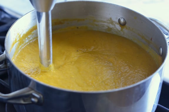 Pot of blended soup.