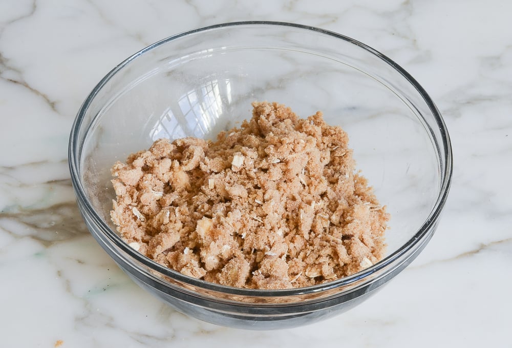 Bowl of clumpy topping.