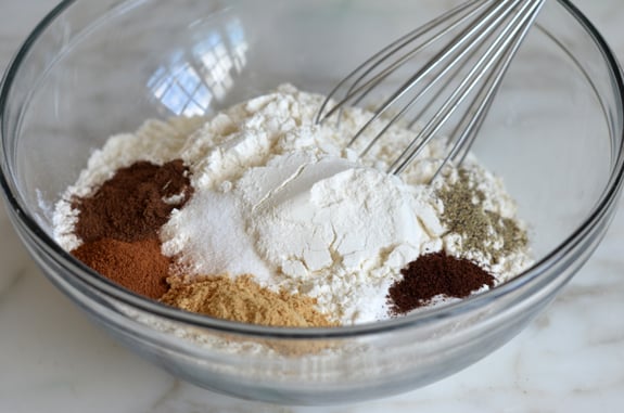 Whisk in a bowl of unmixed dry ingredients.