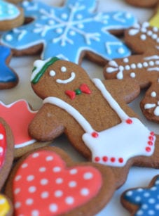 Gingerbread people decorated with royal icing.