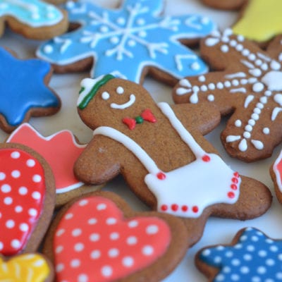 Gingerbread people decorated with royal icing.