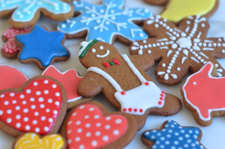 Gingerbread people decorated with royal icing.