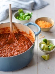 Ground Beef Chili in blue Dutch oven