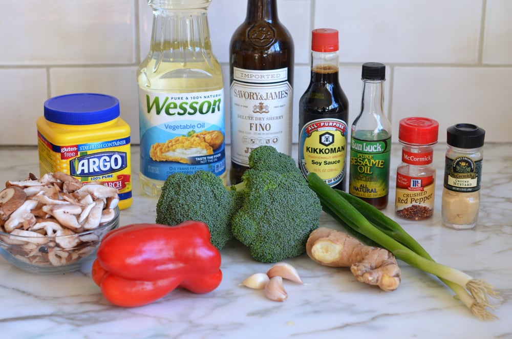 Stir-fry ingredients including soy sauce, sesame oil, and ginger.