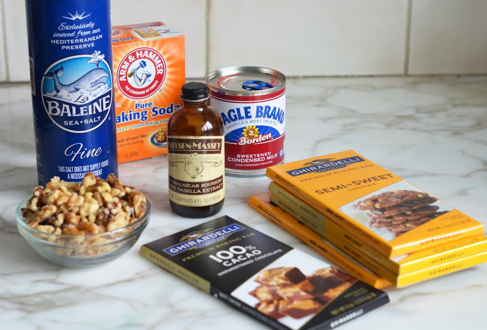 Fudge ingredients including vanilla, condensed milk, and baking soda.