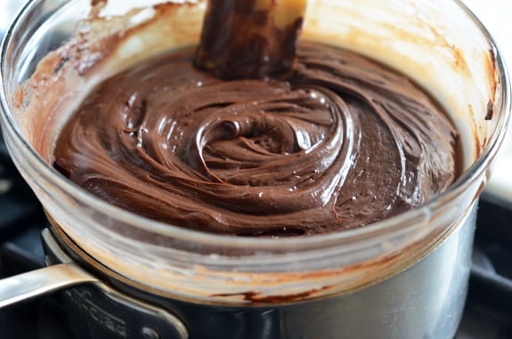 Spatula stirring a bowl of chocolate.