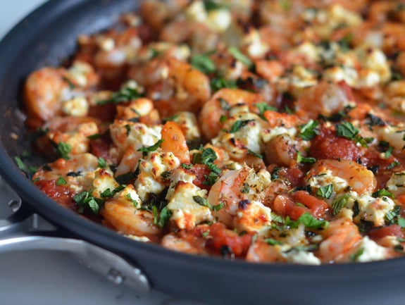 Skillet of Greek shrimp.