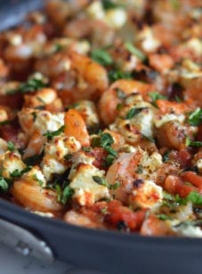 Skillet of Greek shrimp.