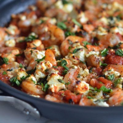 Skillet of Greek shrimp.