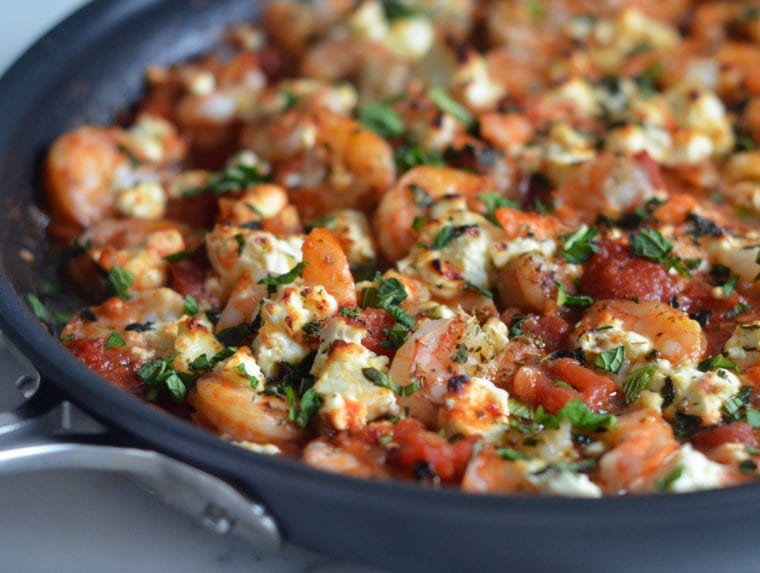 Skillet of Greek shrimp.