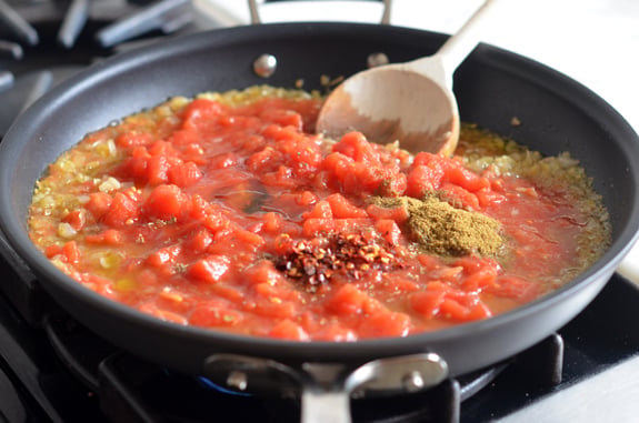 Tomatoes and spices in a skillet with shallots.