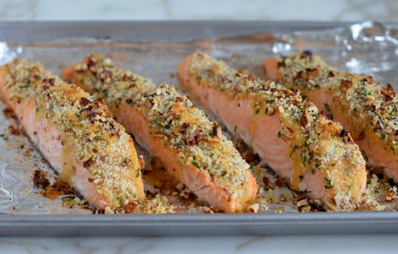 Cooked, crusted salmon filets.