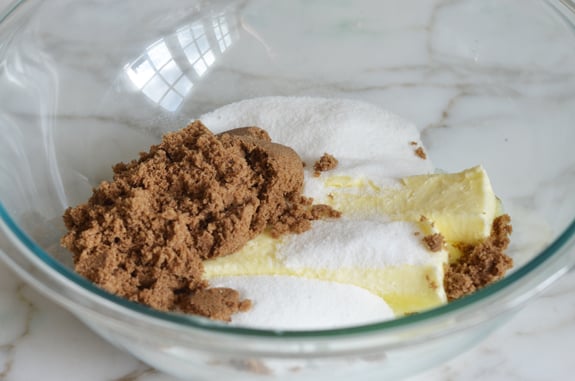 butter and sugars in mixing bowl