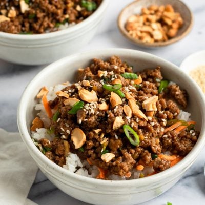 Bowls with Hoisin beef and rice.