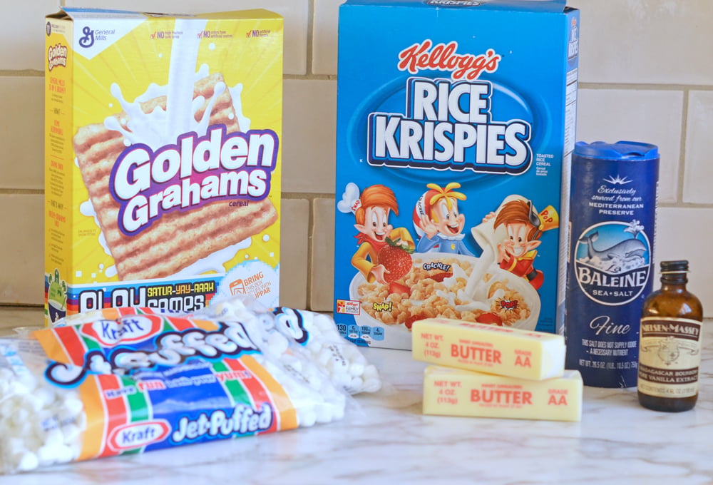 Treat ingredients including Golden Grahams, marshmallows, and butter.