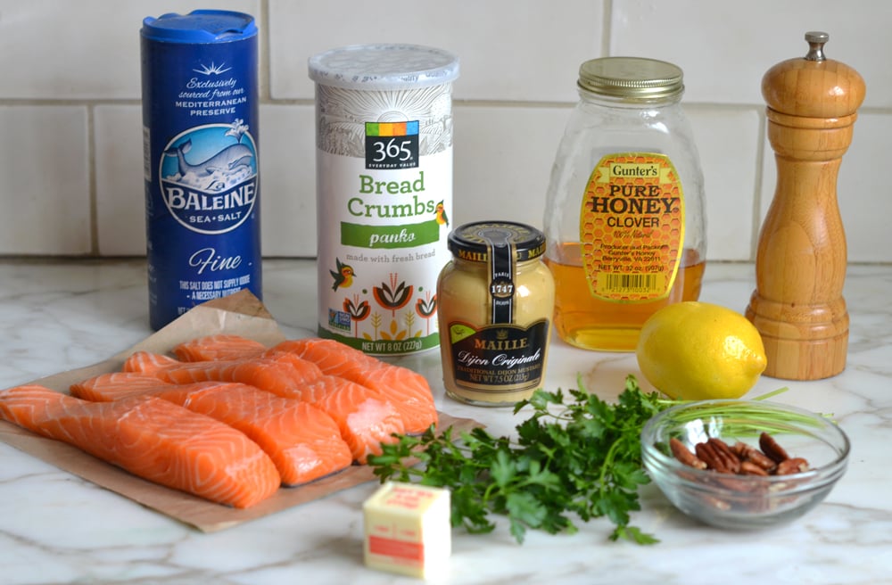 Salmon ingredients including sea salt, honey, and lemon.