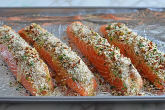 Uncooked, crusted salmon filets.