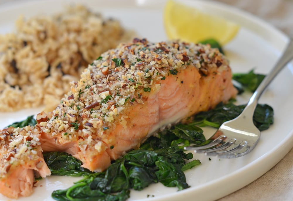 Baked salmon with Honey Mustard and Pecan-Panko Crust on a plate.