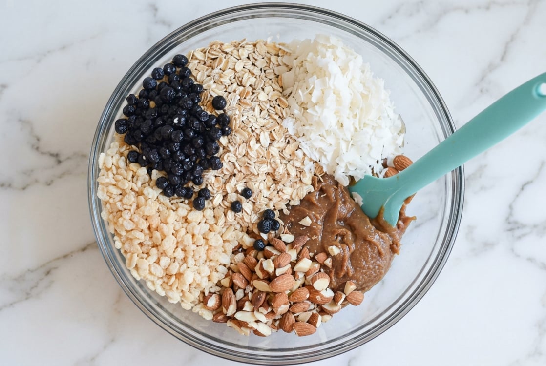 Dry ingredients for blueberry granola bars.